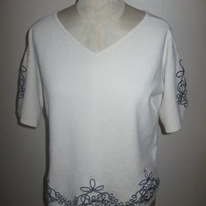 Ann Taylor V-Neck Ivory with  Black Embroidery Top